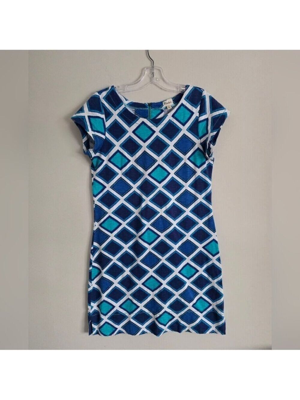 HATLEY | Ripples Crew Neck T-Shirt Dress blue white diamond pattern Sz S - Picture 2 of 8